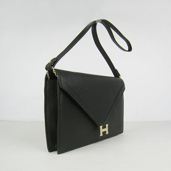 7A Hermes Togo Leather Messenger Bag Black With Gold Hardware H021 Replica - Click Image to Close